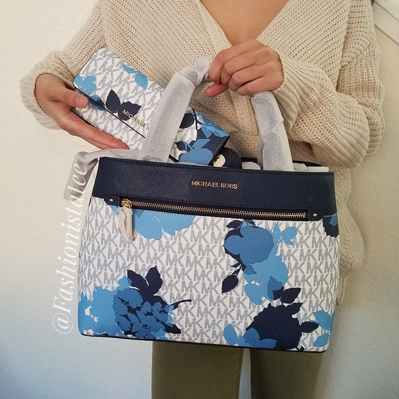 NWT MICHAEL KORS HAILEE MD NAVY FLORAL SATCHEL SET - Picture 2 of 8